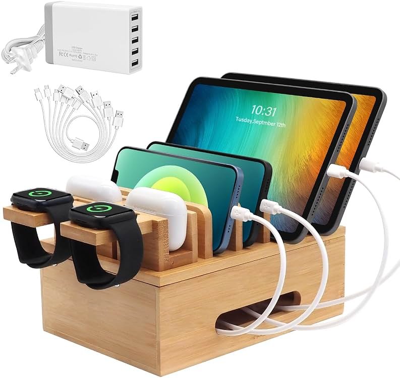 Bamboo Charging Station for Multiple Devices, Multi-Port USB Charger Organizer Stand for Phone, Earphone, Smart Watch, Desktop Cord Storage Holder for Home Office - Product Image