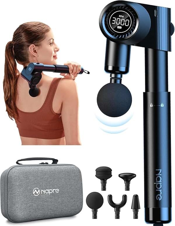 NAPRE Foldable Massage Gun Deep Tissue with 5 Adjustable Angles,Handheld Percussion Back Massager for Muscle/Neck/Body Pain Relief with Long Extension Handle,32-Speeds,6 Heads,with Case - Product Image