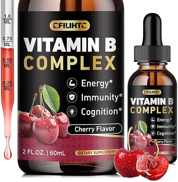 CFILIHTC Vitamin B Complex Liquid Drops, B Vitamins Complex Supplement with B1, B2, B3, B5 B6, B7, B9 & Methyl B12 Drops for Adults & Kids, Vegan, Cherry Flavor - Product Image