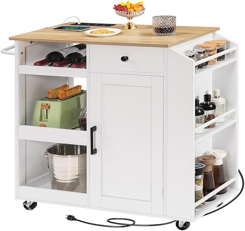 MAHANCRIS Kitchen Island with Power Outlet, Kitchen Storage Island with Drawer, Rolling Kitchen Cart on Wheels, Spice Rack, Towel Rack, Wine Rack, for Dining Room, White and Natural KINW122E01N1 - Product Image