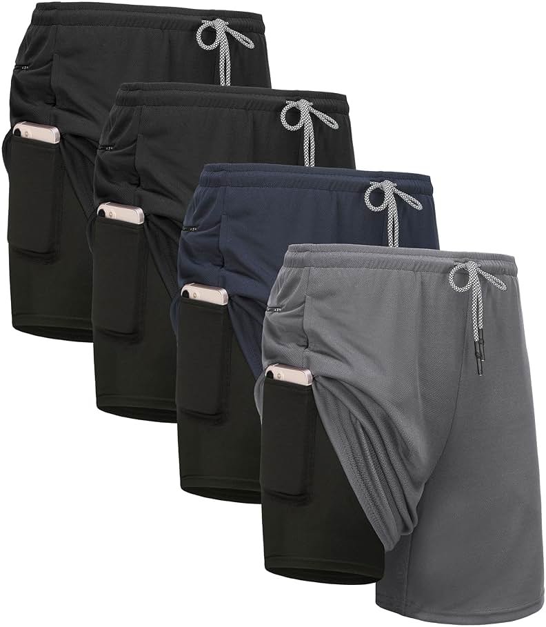 Kinglaman 4 Pack Mens 2 in 1 Running Workout Shorts with Liner, Gym Athletic Quick Dry Sport Shorts with Pockets - Product Image