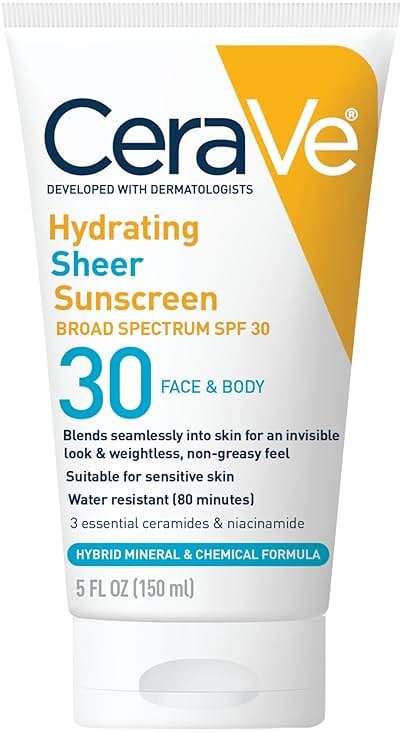 CeraVe Hydrating Sheer Sunscreen with SPF 30 for Face and Body, Mineral & Chemical Sunscreen for Men & Women with Zinc Oxide, Hyaluronic Acid and Ceramides, Paraben-Free + Fragrance-Free, 5 Ounces - Product Image