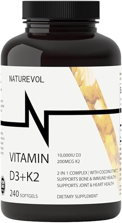 NATUREVOL Vitamin D3 + K2 with Coconut Oil - D3 10,000 IU & K2 (MK-7) 200 mcg | 2-in-1 High Potency Support for Bone & Immune Health | Easy to Swallow | Non-GMO, Gluten & Soy Free - 240 Softgels - Product Image