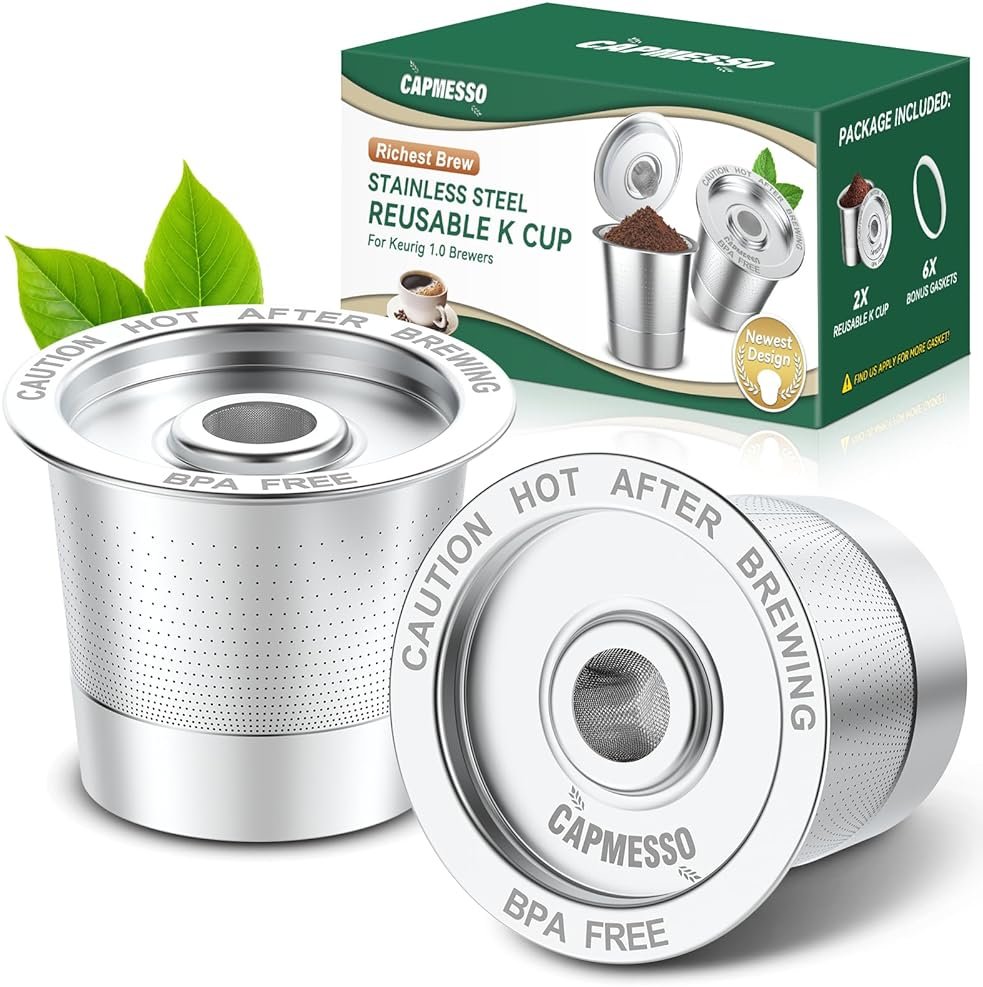 CAPMESSO Reusable K Cups Coffee Pods for Keurig 1.0: Stainless Steel Refillable K Cup - Reusable Coffee Filter for Keurig 1.0 Coffee Maker, Permanent, Eco-Friendly, Innovative Design(2 Pack) - Product Image