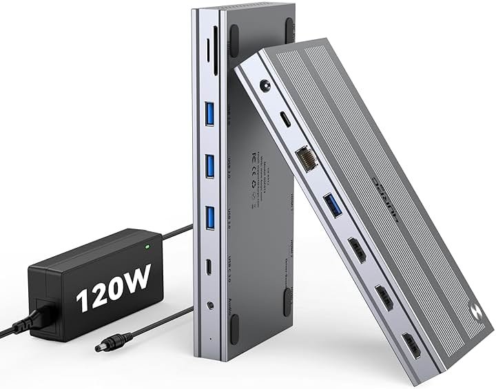 Displaylink Docking Station 3 Monitors with 120W Power Adapter, 14-in-1 Laptop Dock for MacBook M1/M2/M3/M4/Windows, 3XHDMI, 5 USB Ports, Ethernet, Audio, SD/microSD - Product Image