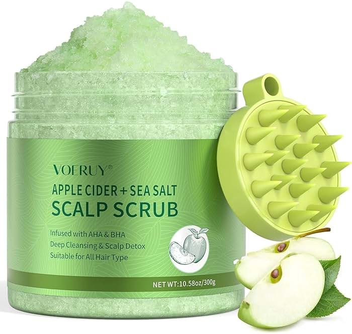 VOERUY Apple Cider Scalp Scrub, 2-in-1 AHA & BHA Scalp Exfoliator Shampoo, Detox Treatment with Sea Salt, Clarify and Remove Build Up with Silicone Scalp Massager, 10.6oz/300g - Product Image