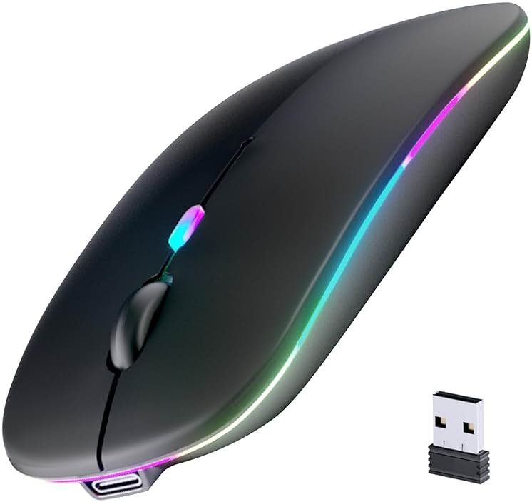 Wireless Bluetooth Mouse, Rechargeable, LED, Silent, Ultra-thin Design (Bluetooth 5.2 and 2.4GHz USB Receiver) | Portable Computer Mouse for Laptops, iPads, MacBooks and Apple Devices (Black) - Product Image