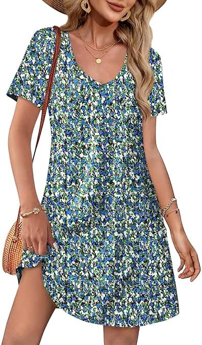 OFEEFAN Summer Dresses for Women 2026 Loose V Neck Short Sleeve Casual T Shirt Dress Sundresses Swimsuit Coverup with Pockets - Product Image