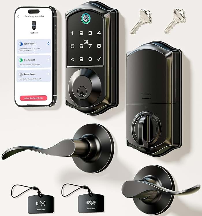 Veise VE017-L Fingerprint Smart Lock with Lever Handles, App Control, Keyless Entry Front Door Lock Set, Electronic Digital Keypad Deadbolt, Remote Grant, Emergency Power Port, Auto Lock, Matte Black - Product Image