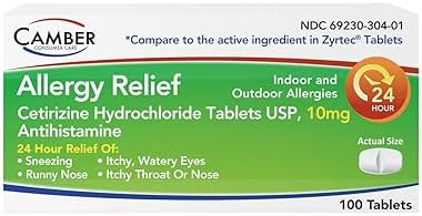 Camber Cetirizine HCI 10mg Tablets, 24-Hour Allergy Relief, Allergy Medication - 100 Count - Product Image