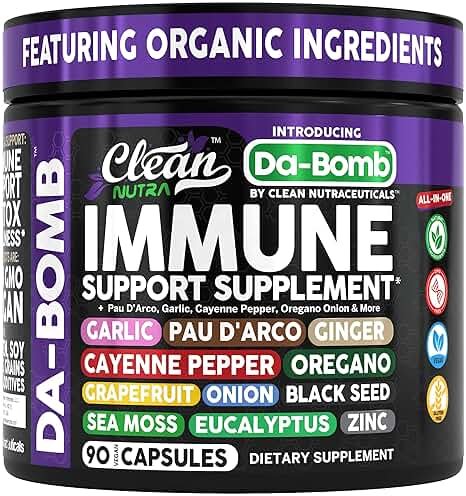 Organic Immune Support with PAU D'Arco Garlic Cayenne Pepper Oregano Ginger Grapefruit Onion Black Seed Sea Moss Black Pepper Zinc Eucalyptus Vitamin C Vitamin D Organic Soursop By Clean Nutra - Product Image
