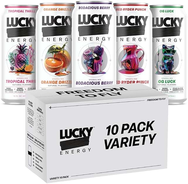 Lucky Energy Sugar Free Energy Drinks, Variety Pack, 16oz Cans (10-Pack) Healthy, Zero Sugar Energy Drink with Maca, Ginseng, Beta-Alanine, Taurine & 200mg Caffeine - Product Image