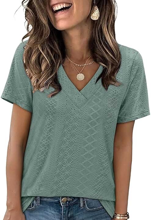 SAMPEEL Women's Eyelet Crossed V Neck Short Sleeve T-Shirt - Product Image