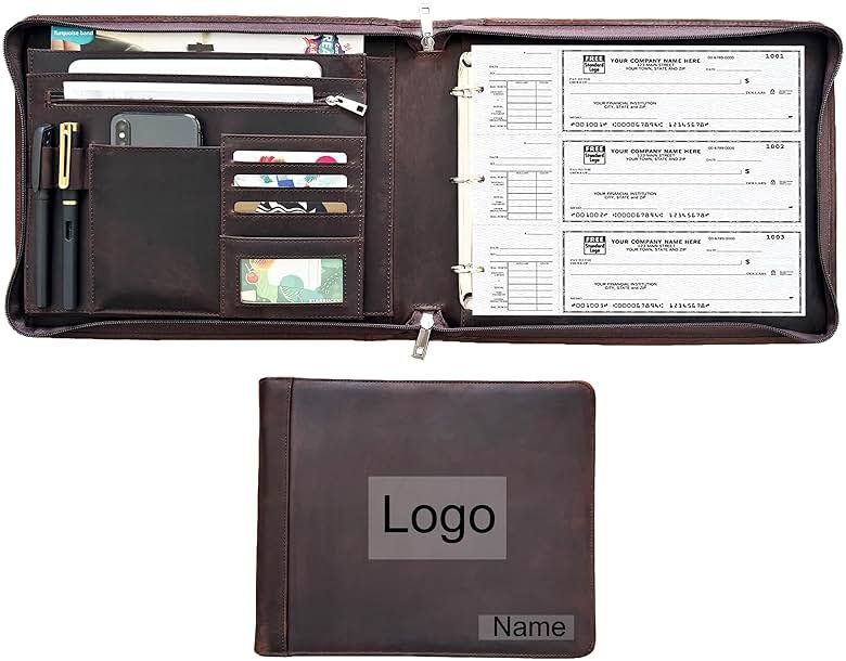 Business 3 Ring Check Binder, Genuine Leather Check Book Portfolio for 3 Holes or 9 Holes Checks, Check Book Binder for 11 1/4"x9", Crazy Horse Leather (Dark Brown, Standard) - Product Image