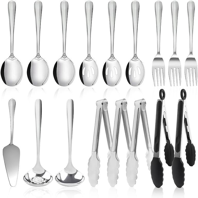 17PCS Serving Utensils Set Flatware, Stainless Steel Serveware Large Serving Spoons, Slotted Spoons, Forks, Tongs, Cake Server,Soup and Skimmer Spoon for Buffet, Catering, Party, Dinner (Silver) - Product Image