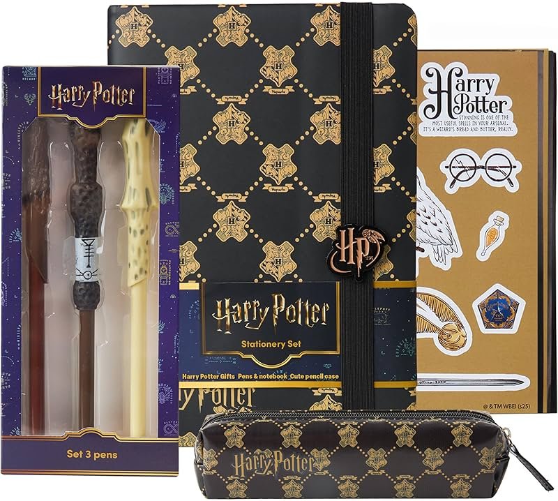 Get Trend Harry Potter Gifts Stationary Set with Cute Notebook Ball Point Wand Pens Pencil Case Stickers Cute Stuff Hogwarts Journal Accessories (Black Harry Potter) - Product Image