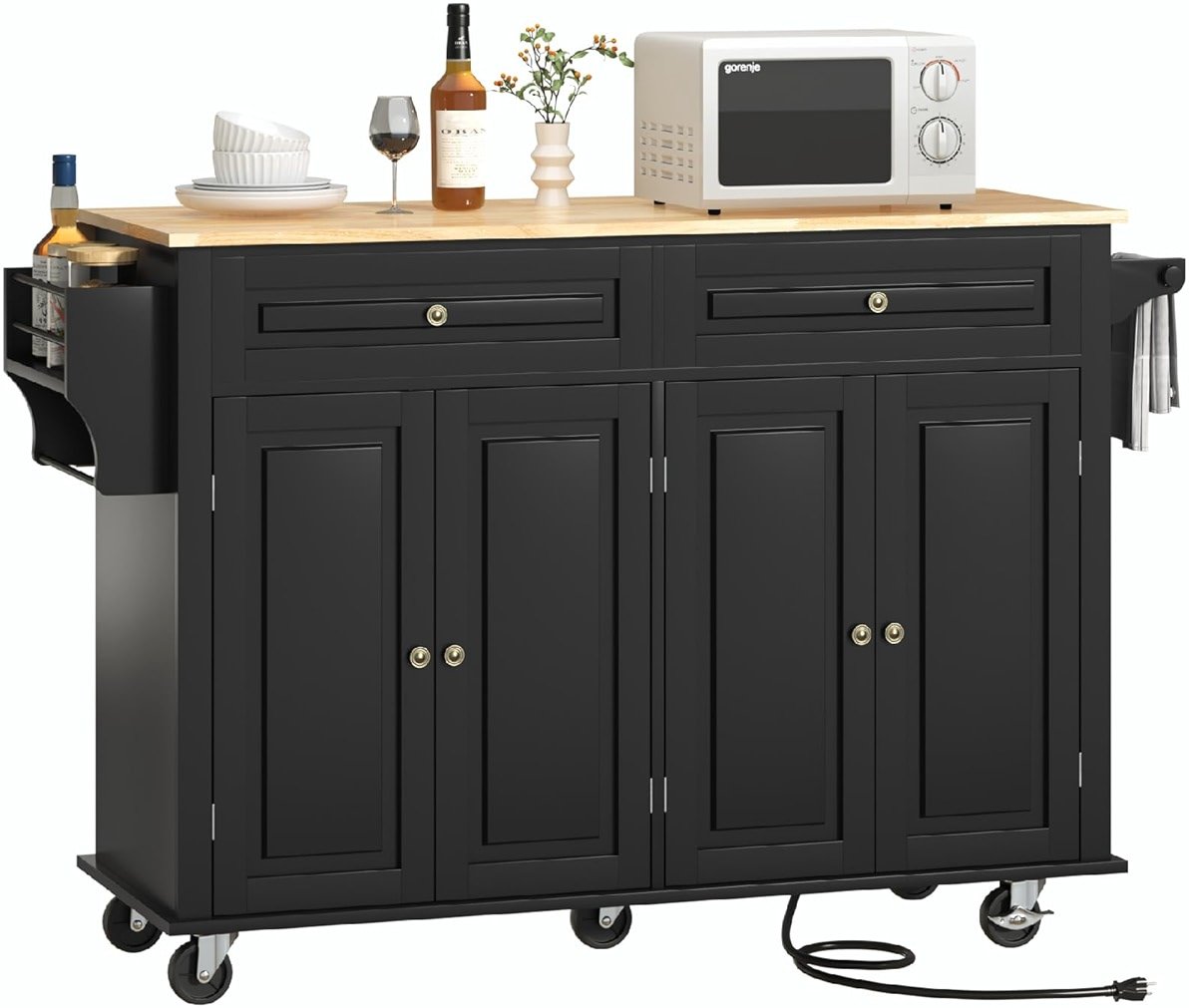 Hlivelood 55" Movable Kitchen Island with Drop Leaf and Power Outlet, Rolling Cart with Storage Cabinet, Island Table on Wheels for Kitchen with 2 Drawers, Spice Rack, Towel Bar, Garage Hook, Black - Product Image