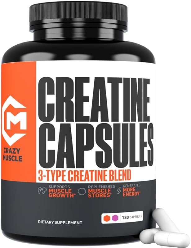 Crazy Muscle ThreeAtine Creatine Monohydrate Capsules 5g Pure, 3X Formula Pre Workout Supplement for Men & Women Supports Fitness Routine Energy Strength Focus Daily Use 180 Capsules, 30 Servings - Product Image