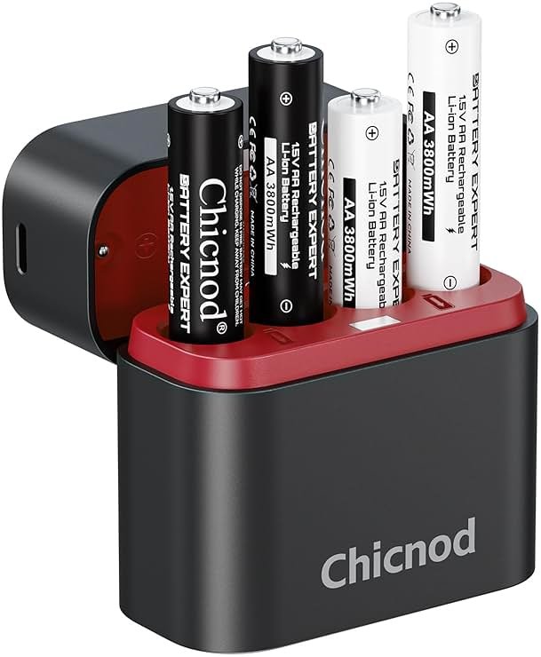 Rechargeable AA Lithium Batteries with Charger, 4 Pack Double A Batteries for Blink Camera, 3800mWh 1.5V Output High Capacity, 4 Slot aa Li-Ion Battery Charger, 1600+ Cycle Life 2H Fast Charging - Product Image