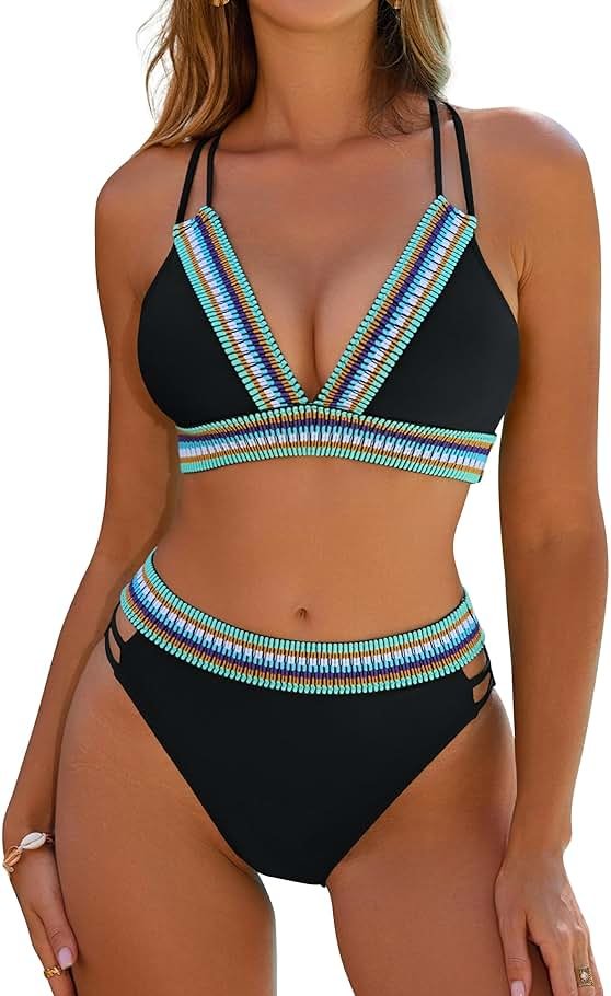 Blooming Jelly Womens High Waisted Bikini Sets Color Block Two Piece Swimsuit V Neck Crisscross Back Bathing Suit - Product Image