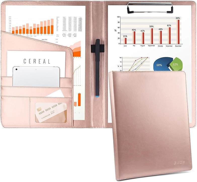 Geila Padfolio Portfolio A4 Clipboard Folder, Suitable for Work, Writing, and Meetings, Faux Leather Folder with A4 Paper and Pen (Rose Gold) - Product Image