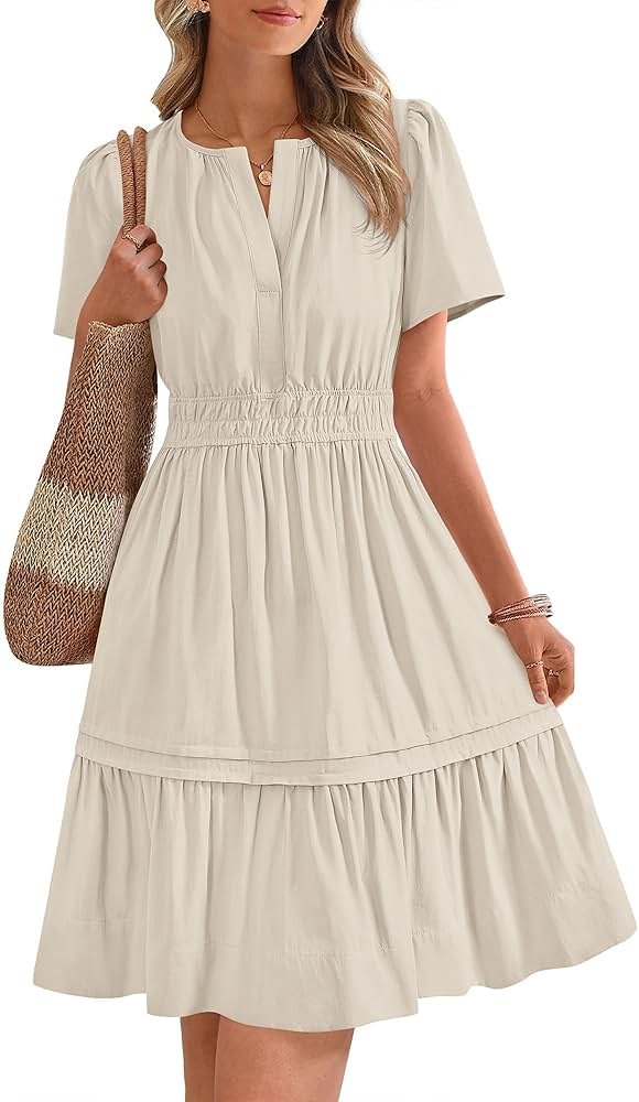BTFBM Summer Dresses for Women 2026 Casual Boho Sundress Short Sleeve V Neck Ruffle A Line Beach Vacation Mini Dress - Product Image