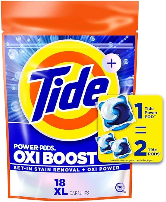 Tide Oxi Boost Power PODS Laundry Detergent Pacs, 18 Count, Set-In Stain Removal + Oxi Power, laundry soap detergent pacs - Product Image