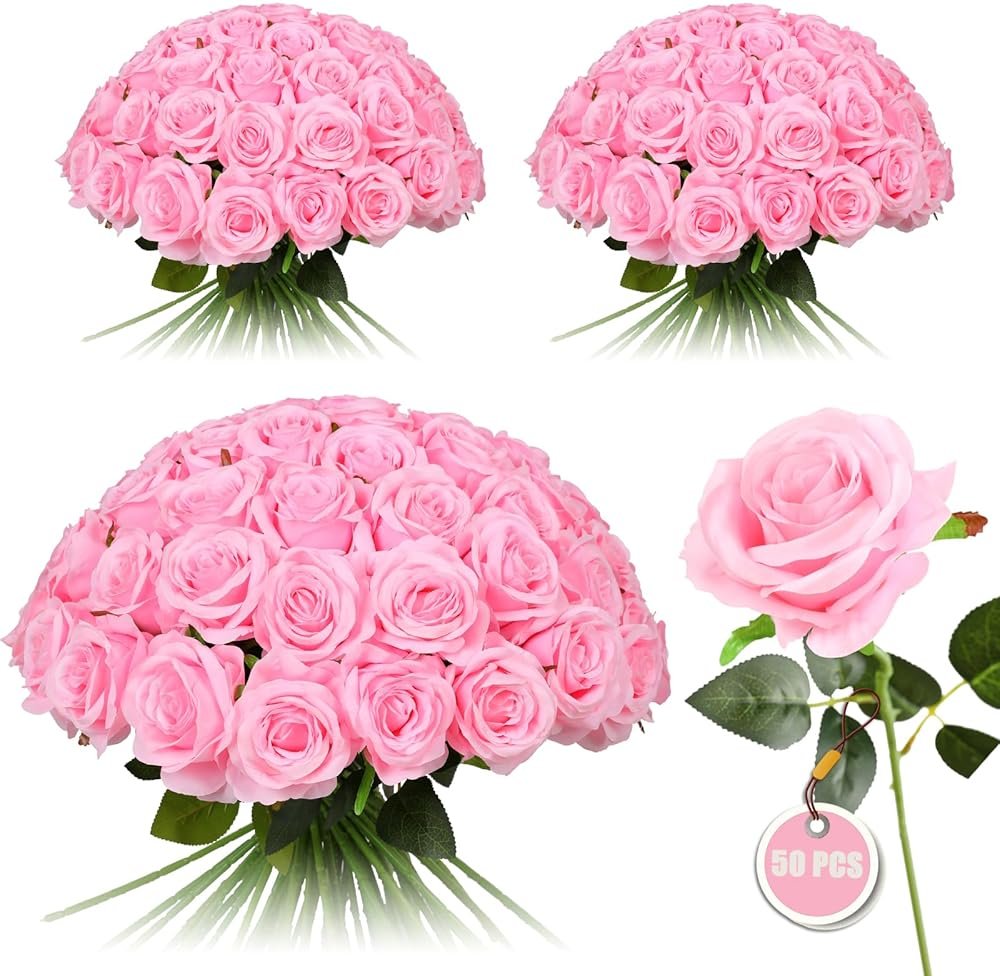 FLORRALIA 50PCS Artificial Silk Roses in Bulk & Bouquet Long Stem – Realistic Fake Roses for Wedding Centerpieces, Home Decor, Floral Arrangements, Party Decoration (Pink) - Product Image