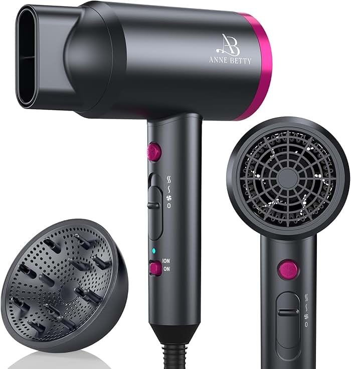 ANNE BETTY Ionic Hair Dryer with Diffuser, Powerful 1800W Blow Dryer for Women & Men, Fast-Drying Hair Dryer with Nozzle for Home, Salon, Travel - Product Image