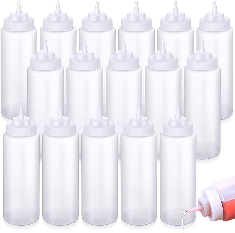 Singhoow 16 Pcs 32 oz Squeeze Bottle Large Plastic Wide Mouth Squeeze Bottles for Condiment Sauces Chocolate Ketchup Mustard BBQ Grill Restaurant (Clear) - Product Image