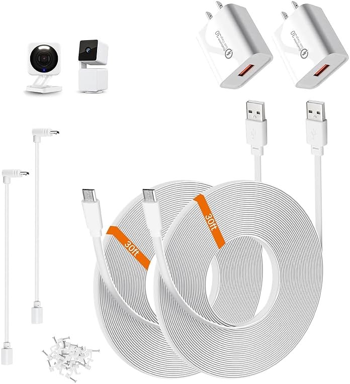 2-Pack 30ft Power Cable for Wyze Cam v4,Wyze Cam Pan v3,Wyze OG,Wyze Cam v3 Pro Security Cameras - 9m Long Flat Extension Micro USB Charging Cord with L-Shaped Short Adapter & 18W Fast Charger, White - Product Image