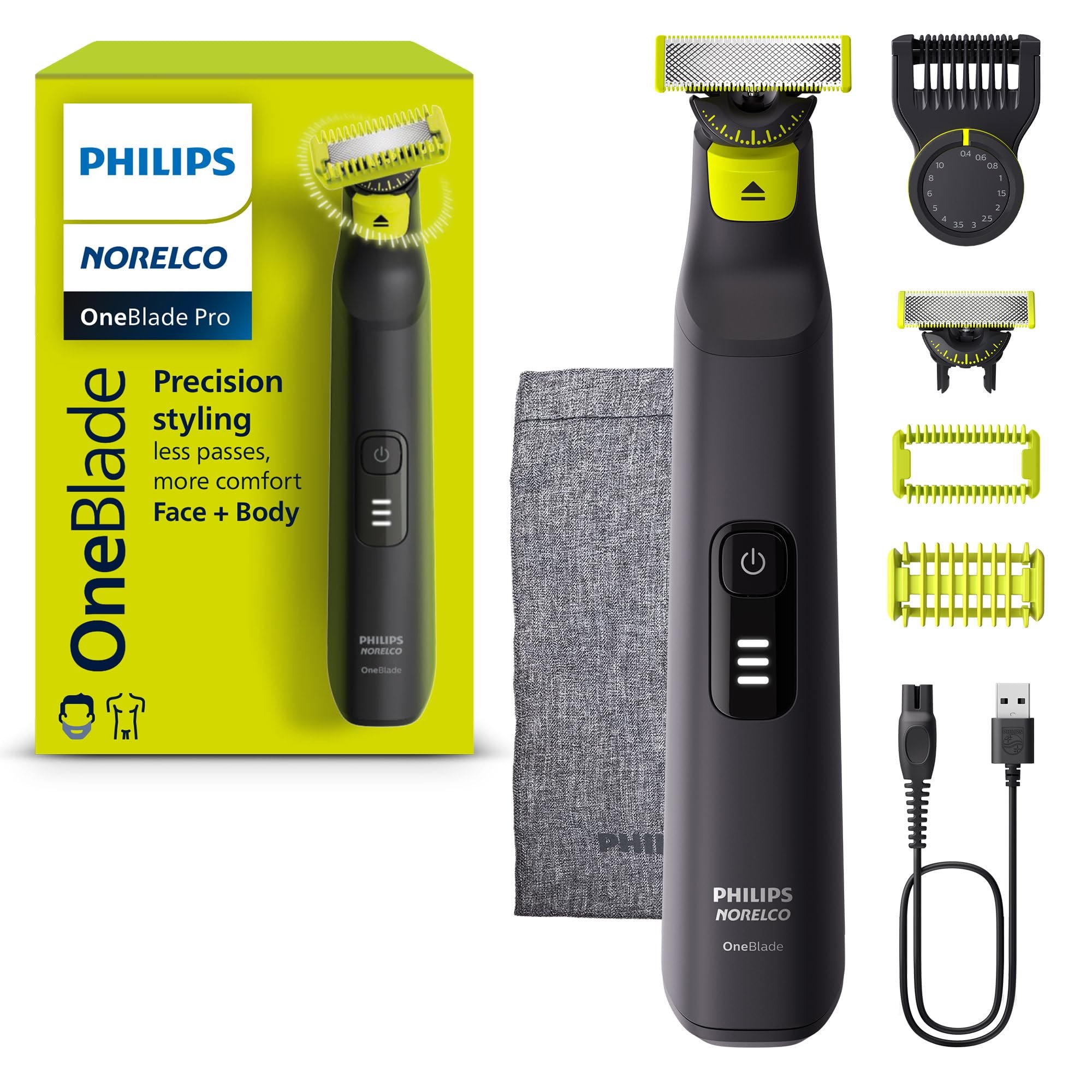 Philips Norelco OneBlade Pro 360 Face + Body Electric Shaver, Beard Trimmer and Groomer, with 360 Blade Technology, 14-Length Precision Comb, Body Kit, Soft Pouch, Model QP6542/70 - Product Image