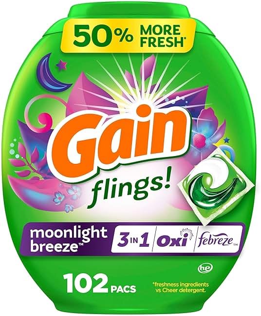 Gain Flings Laundry Detergent Pacs, 102 Count, Moonlight Breeze Scent, with Odor Defense, concentrated laundry soap pacs - Product Image