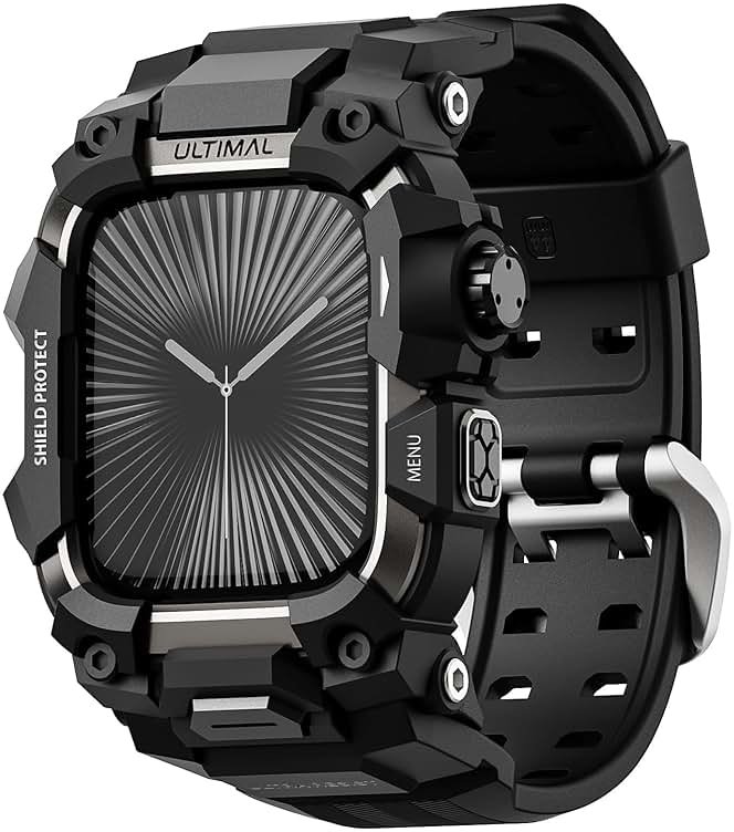ULTIMAL Rugged Case with Band for Apple Watch 46mm,Compatible with Apple Watch Series 11/10, Military Grade Shockproof Bumper Cover for iWatch Tactical Band Men (Black, 46mm) - Product Image