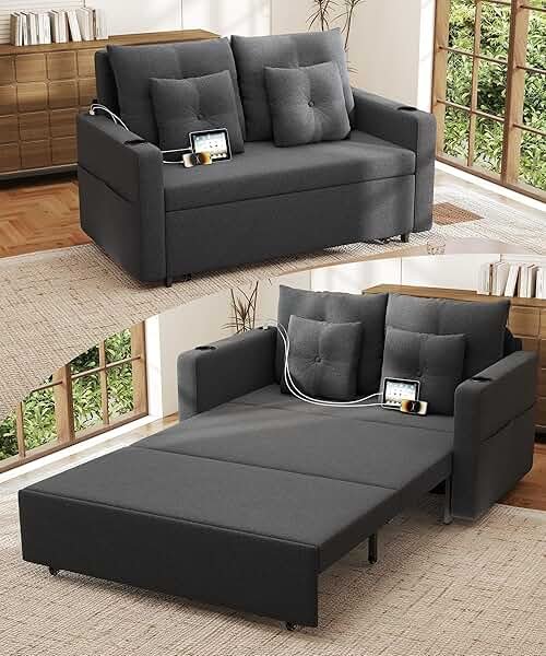 Krcix 3 in 1 Sofa Bed, 56 Inch Convertible Pull Out Couch, Loveseat Sleeper Sofa with Cup Holders, USB, Sofa Couches for Living Room, Bedroom, Apartment, Dark Grey - Product Image