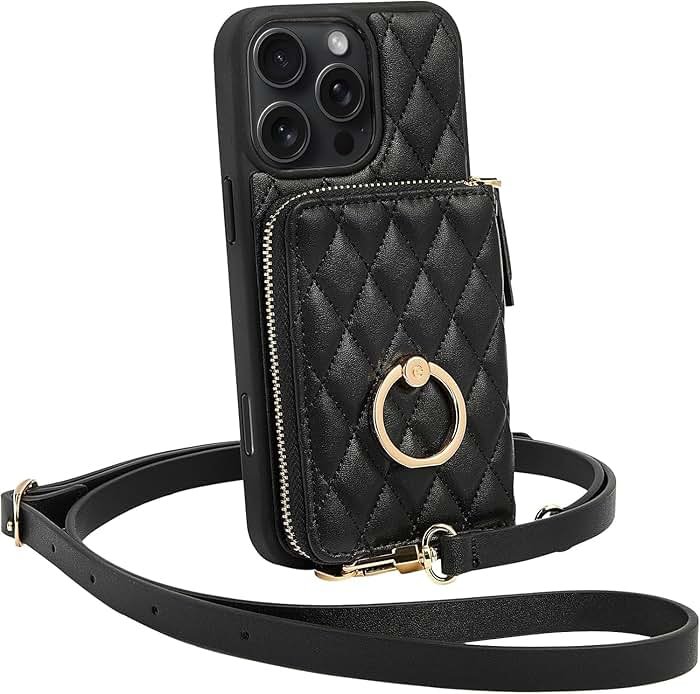 ZVE for iPhone 16 Pro Max Wallet Case for Women, Crossbody Case with Wrist Strap Protective Leather Lanyard with Ring Holder Flip Cover 6.9 Inch - Black - Product Image