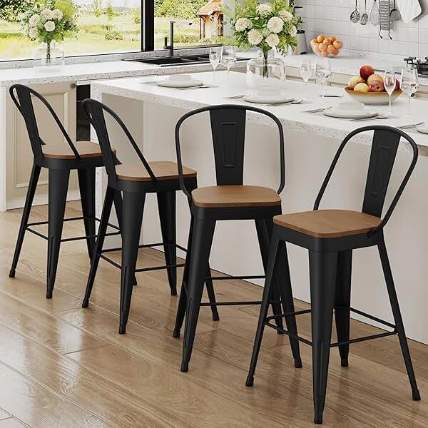 Andeworld Metal Bar Stools Set of 4, 26 inch Counter Height Barstools with Backs Farmhouse Modern High Back Bar Stools with Larger Seat Kitchen Dining Bar Chairs,Matte Black - Product Image