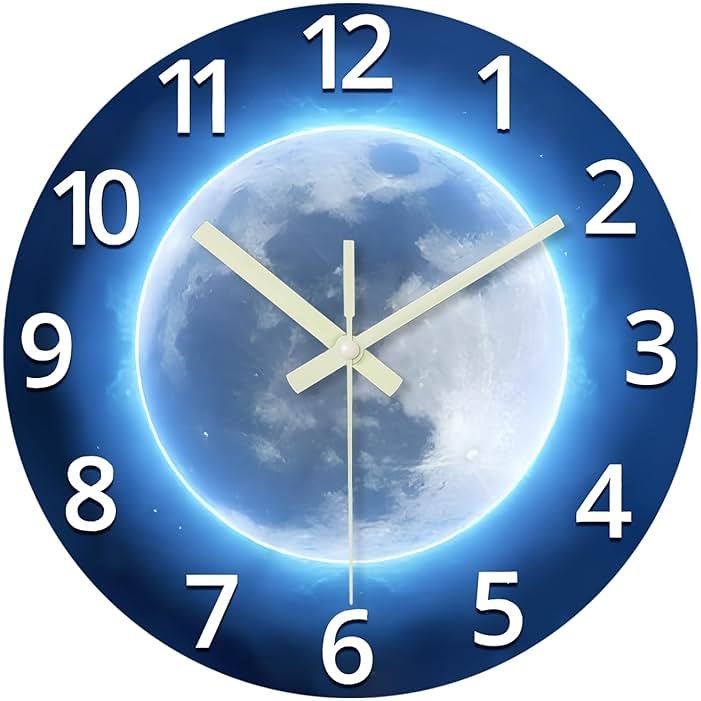 Constantplanet Analog Glow in The Dark Wall Clock Battery Operated 12 Inch Blue Light Up Clock for Wall Silent Wall Clock for Kids Bedroom - Product Image
