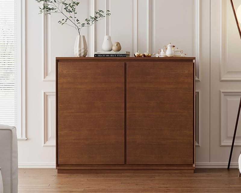 LKTART Mid Century Modern Narrow Sideboard Buffet Cabinet,Small Walnut Entryway Cabinet,Wood Credenza Storage Cabinet with 2 Doors for Living Room,Kitchen,Hallway(9.25" D*39" L) - Product Image