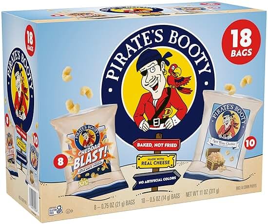 Pirate's Booty Aged White Cheddar and Cheddar Blast Cheese Puffs Variety Pack, Gluten-Free, Kids Snacks, 0.5oz and 0.75oz (18ct) - Product Image