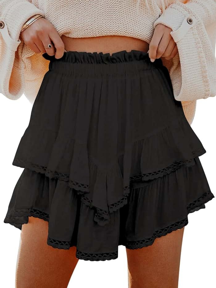 Aoudery Flowy Shorts for Women Casual Boho Ruffle Tiered Skorts High Waist Mini Skirts Golf Tennis Crochet Shorts - Product Image