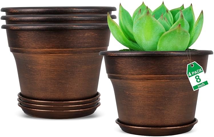 Plant Planters Pots Set of 4 Pack 8 Inch, Plastic Flower Pot for Indoor Plants with Drainage Holes & Trays, Resin Decorative Container Sets with Saucer for House Outdoor Garden Planters Copper - Product Image