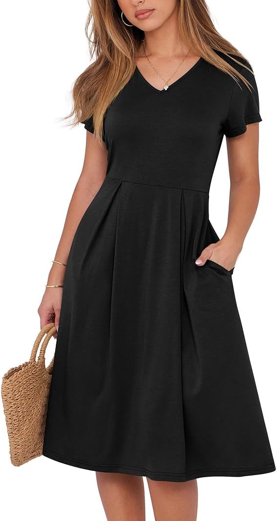 ANRABESS Women Summer Dress Casual Short Sleeve V Neck A-Line Knee Length Pleated Flowy 2026 Fashion Midi Dresses with Pocket - Product Image