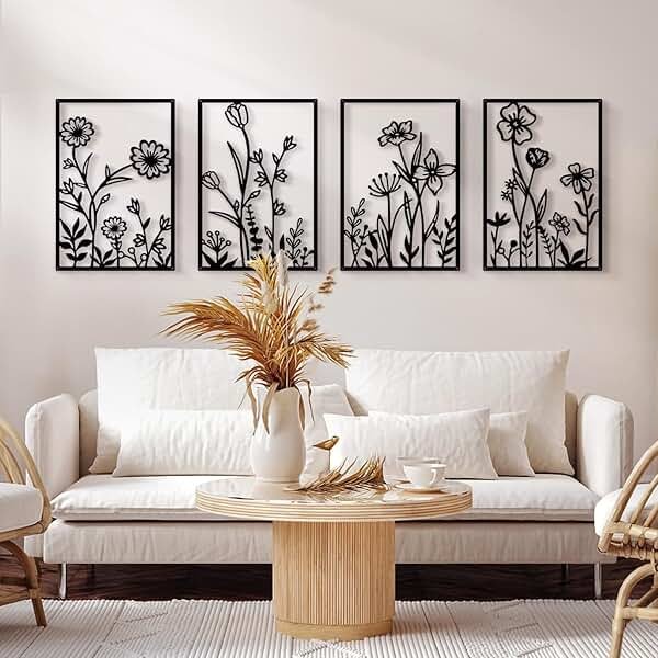 Sokurdeg Black Metal Flower Wall Decor, Minimalist Floral Botanical Wall Art, Abstract Line Boho Farmhouse Decor for Living Room, Bathroom, Bathroom, Office, Meaningful Gift (4 Pcs, 12x17 in) - Product Image
