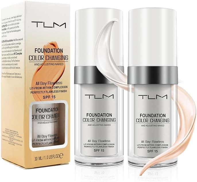 2PCS TLM Color Changing Foundation, Flawless Colour Changing Warm Skin Tone Liquid Foundation for Mature Skin, Waterproof Moisturizing Foundation Makeup Base Nude Concealer Full Coverage SPF15 - Product Image