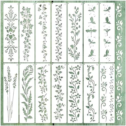 Large Border Flower Stencils for Painting Floral Leaf Stencil Dragon Vine Background Template Paint Stencils for Painting on Wood Burning Art Craft Canvas Furniture Wall (edge14) - Product Image