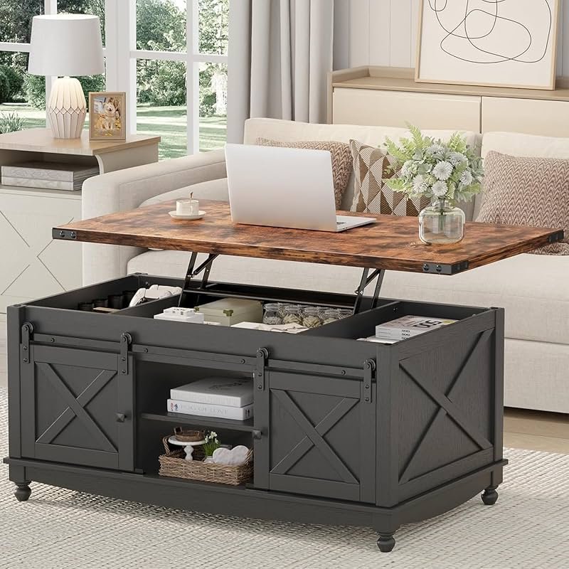 ALLSTAND 48" Farmhouse Lift Top Coffee Table with Storage Sliding Barn Door & Large Hidden Compartment, Coffee Table with Lifting Top with Wooden Lift Tabletop, Coffee Tables for Living Room, Black - Product Image