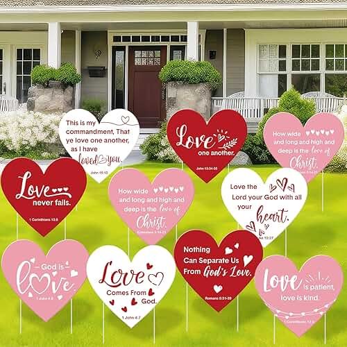 Beeveer 9 Pcs Christian Valentine's Day Yard Sign for Outdoor Decorations Jesus Bible Verse Hearts Lawn Decor with Stakes Heart Decoration for Wedding Shower Supplies Garden Pathway Walkway Love Decor - Product Image