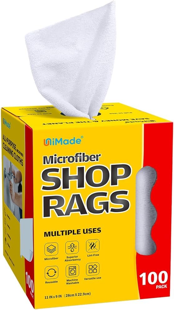 UNIMADE Shop Rags, 100 Sheets Microfiber Cleaning Cloth Commercial Grade Washcloths Lint-Free Bulk Shops Towels for Cars Mechanic Restaurant Garage Housekeeping, 11"x 9", White - Product Image
