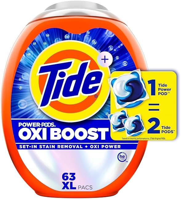 Tide Oxi Boost Power PODS Laundry Detergent Pacs, 63 Count, Set-In Stain Removal + Oxi Power, laundry soap detergent pacs - Product Image